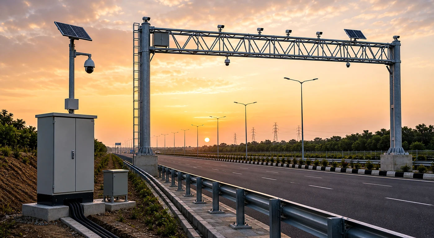 Smart highway corridor with solar power, gantry cameras, roadside cabinets and civil foundations