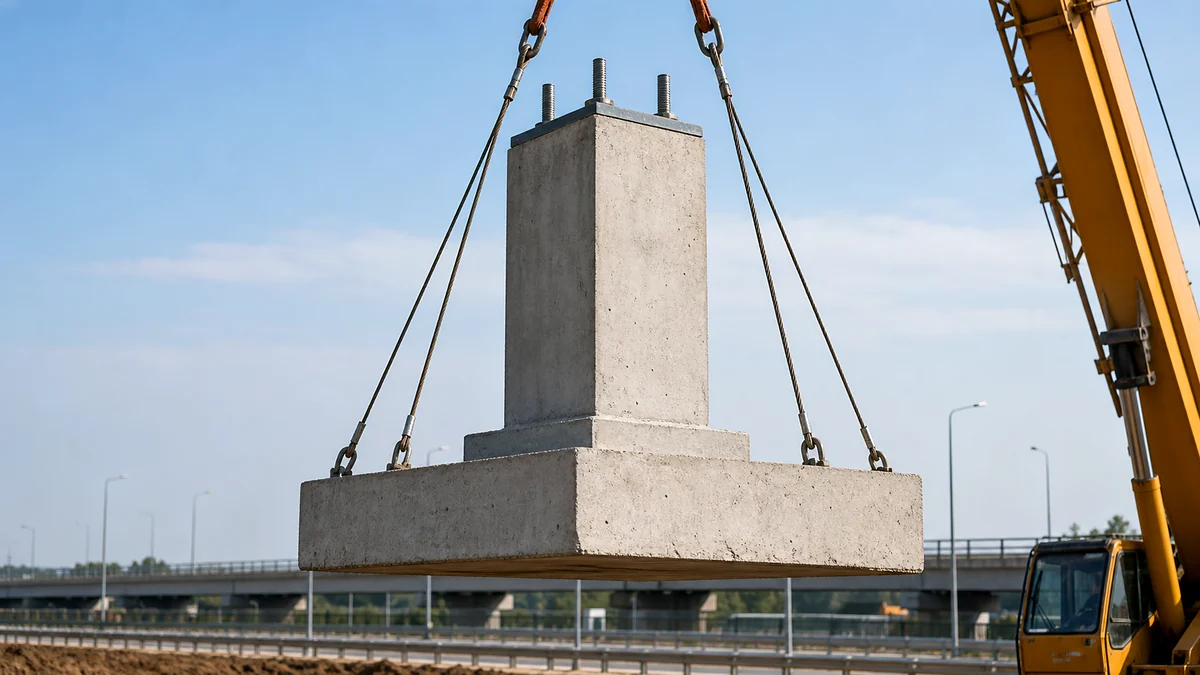 Precast concrete footing and pedestal foundation suspended by crane