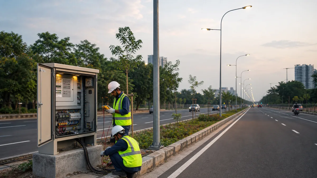 Street lighting and electrical control cabinet beside a smart city road