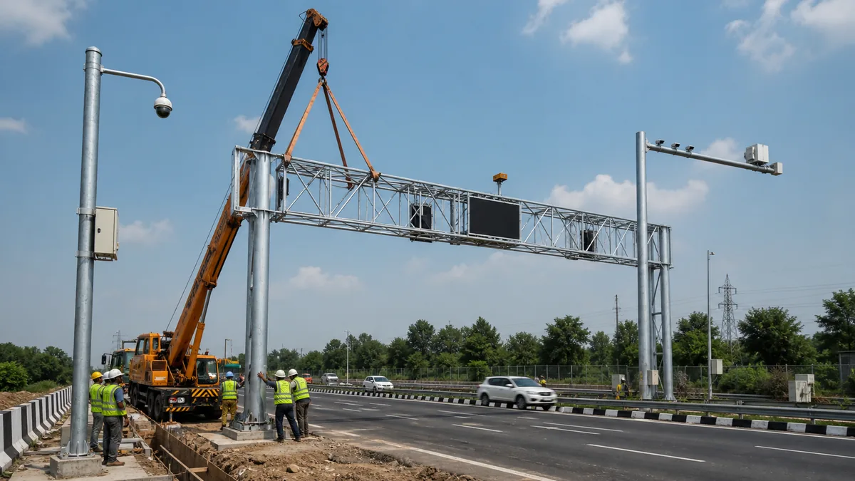 Highway gantry and camera pole installation with crane support