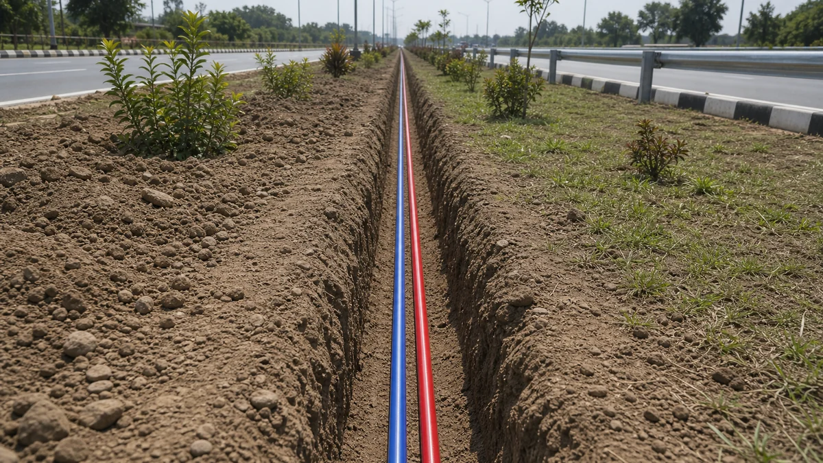 Two continuous 40mm OFC ducts in blue and red with white stripes inside a highway median trench