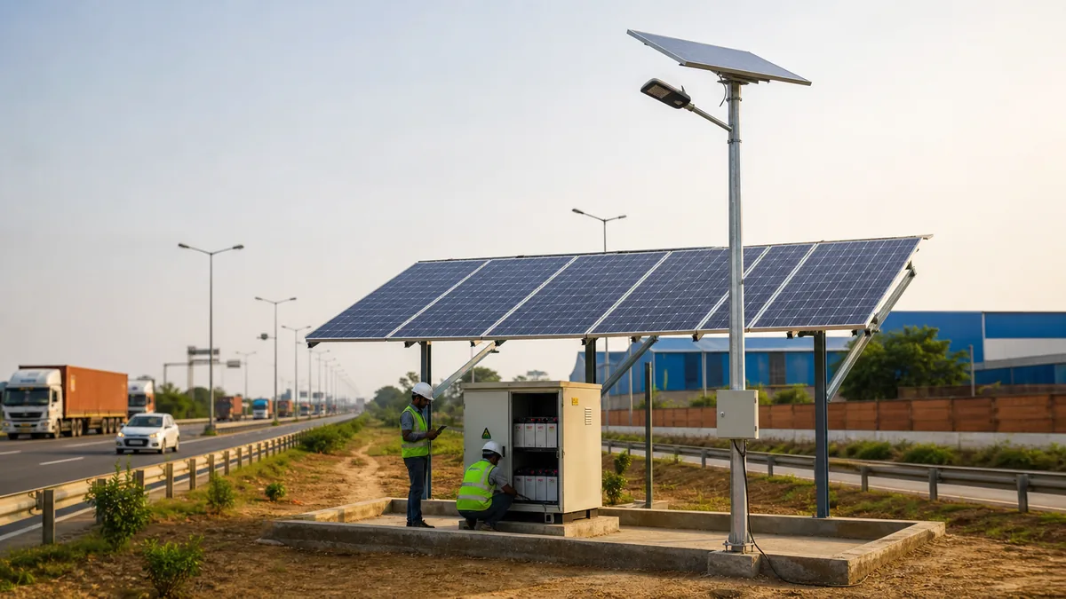 Solar panels and battery backup cabinet installed near a highway corridor